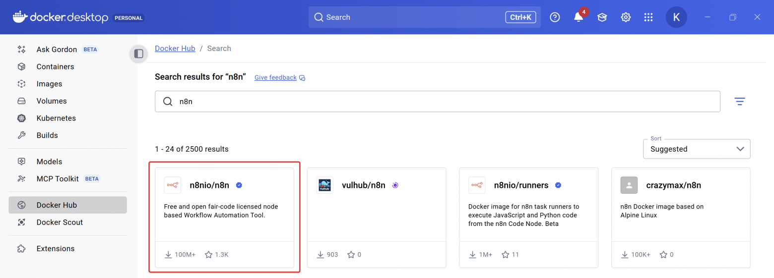 Поиск n8n в Docker Desktop